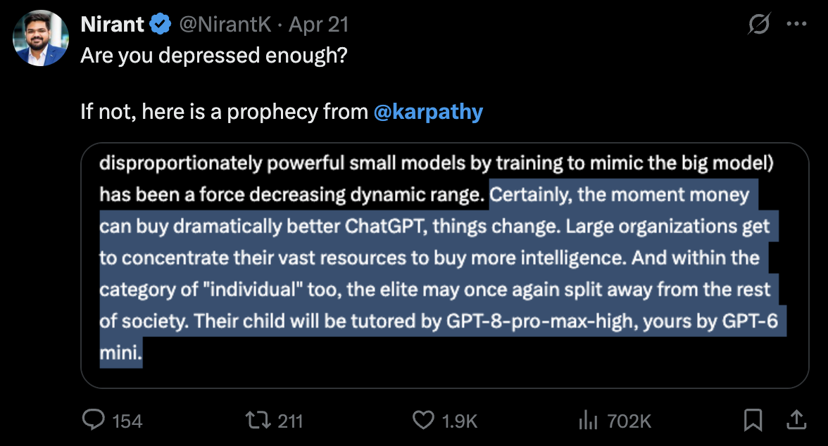 Tweet about AI pricing intelligence and economic inequality