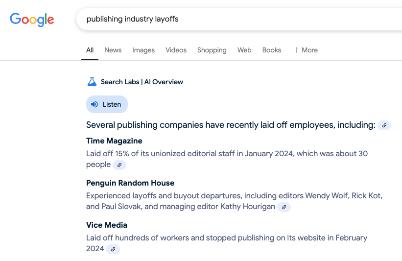Publishing industry layoff trends over time