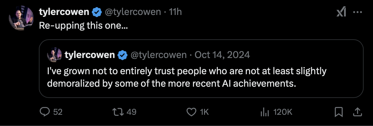 Tyler Cowen tweet about AI and economic implications